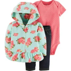 Baby Girl Microfleece Cardigan, Bodysuit, and Pants, 3pc Set