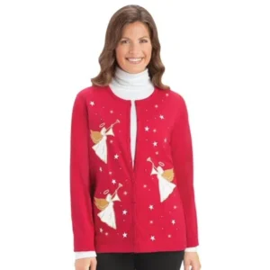 Collections Etc Women's Holiday Embellished Angel Knit Cardigan RED LARGE