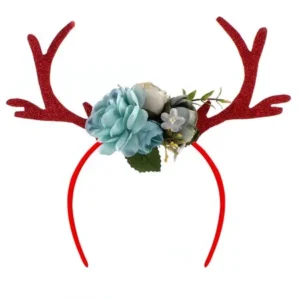 Kids Girls Funny Deer Antler Headband with Flowers Blossom Novelty Party Hair Band Head Band Christmas Fancy Dress Costumes Accessory (Blue)