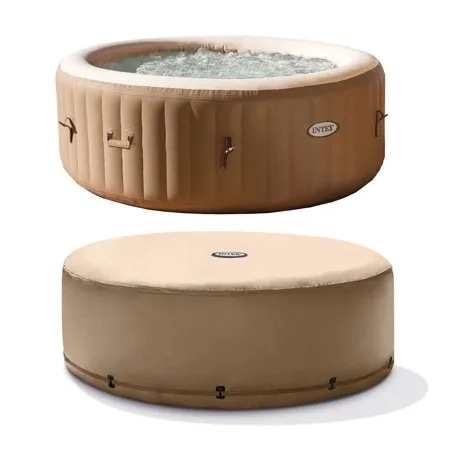 Intex PureSpa 4-Person Tan Inflatable Bubble Jet Spa Portable Hot Tub with Cover