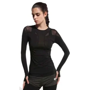 Women's Sports Yoga Shirts Mesh Patchwork Tight Long Sleeves Gym T-Shirts Fitness Clothing