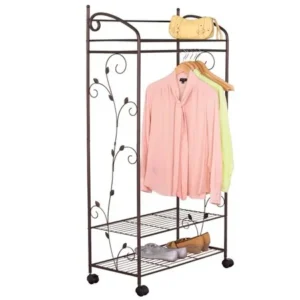 Metal Scroll Garment Rack With Shelves, Brown, Handy and attractive garment rack features durable construction and a pretty scrolling leaf design