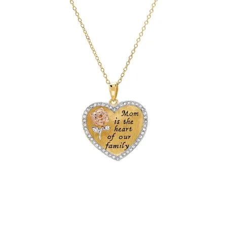 Sterling Silver and 18K Gold Plate "Mom Is The Heart Of Our Family" Heart Pendant with Crystals, 18" Necklace
