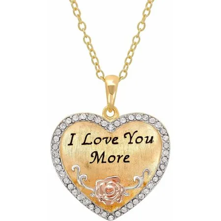 Brilliance Fine Jewelry Sterling Silver and 18K Gold "I Love You More" Heart Pendant with Crystals, 18" Necklace
