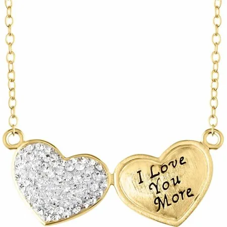 Sterling Silver and 18K Gold Plate Crystal Double Heart "I Love You More" Necklace, 18"
