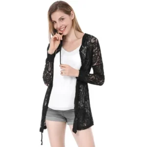 Unique Bargains Women's Long Sleeve Hoodie Drawstring Detail Blazer Black (Size M / 10)