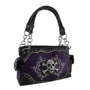 Rhinestone Skull Embroidered Swirls Metallic Trim Concealed Carry Purse