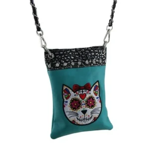 Embroidered Sugar Cat Rhinestone Turquoise Cross Body Purse