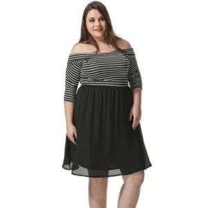 Women Plus Size Off Shoulder Striped Paneled Dress Black 1X