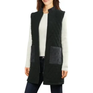 Woman Stand Collar Zip Up Corduroy Quilted Tunic Vest Charcoal Gray L