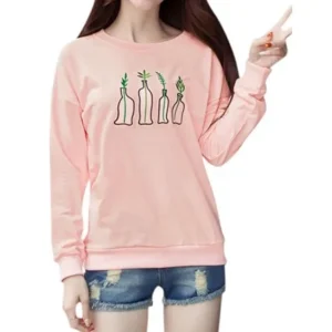 Unique Bargains Women's Long Sleeves Plant Bottle Embroidery Sweatshirt