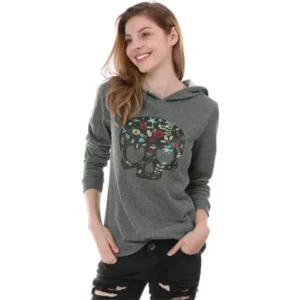 Women Floral Skull Pattern Long Sleeves Hooded Sweatshirt