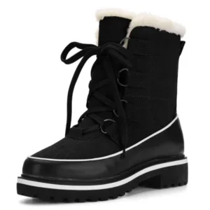 Women Contrast PU Panel Fleece Lining Lace Up Snow Boots