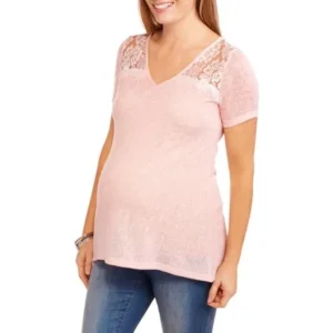 Planet Motherhood Maternity Short Sleeve, V Neck, Lace Shoulder Insert, Light Weight Sweater Knit, Shark Hem Top --Available In Plus Size