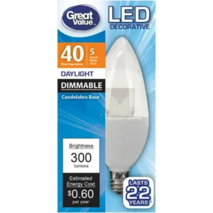 Great Value LED Dimmable Decorative (E12) Light Bulb, 5W (40W Equivalent), Daylight