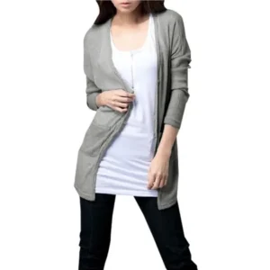 Lady Long Sleeves Deep V Neck Pockets Front Button Down Cardigan New Gray XS
