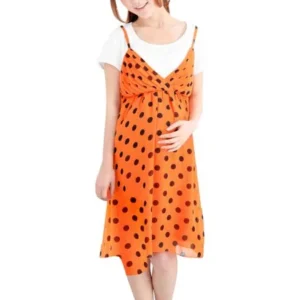 Orange XS Pullover Scoop Neck Summer Dots Pattern Dress for Maternity