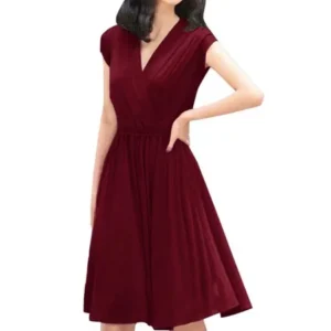 Deep Cross V Neck Sleeveless Burgundy Dress for Lady