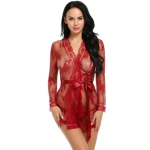 Christmas Sales Women Floral Lace Sexy Lingerie Robe Dress Flare Long Sleeve Nightwear Sleepwear with G-string and Belt FSBR
