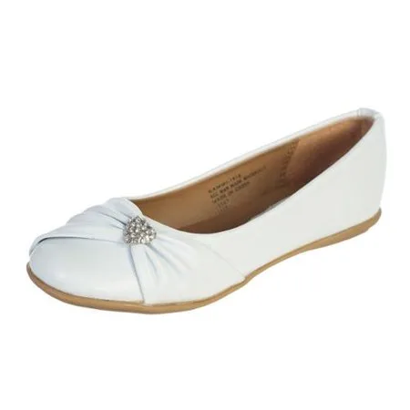 White Rhinestone Heart Girls Flat Dress Shoes 11-4
