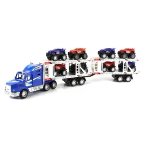 Power Speed Race Trailer Friction Powered Toy Truck w/ Trailer, 8 Toy Cars (Colors May Vary)