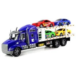 No2 Racing Trailer Children's Kid's Friction Toy Truck Ready To Run w/ 4 Toy Cars, No Batteries Required (Colors May Vary)