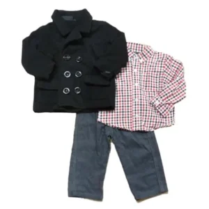 Only Kids Infant Boys Outfit Gray Cord Pants Red Plaid Shirt Black Peacoat