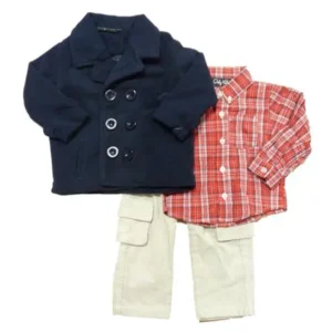 Only Kids Infant Boys 3 Outfit Tan Cord Pants Red Plaid Shirt & Blue Peacoat