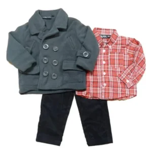 Only Kids Infant Boys Outfit Black Cord Pants Red Plaid Shirt Gray Peacoat