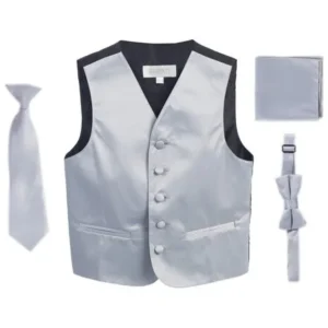 Silver Vest Necktie Bowtie Pocket Square Boys Set 4-6