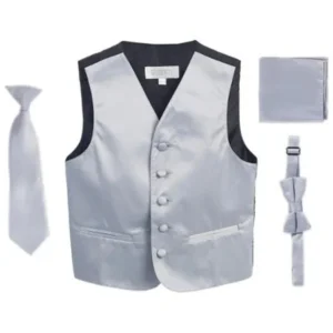 Silver Vest Necktie Bowtie Pocket Square Boys Set 8-14