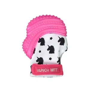 Munch Mitt Teething Mitten the Original Mom Invented Teething Toy- Teether Stays on Babys Hand for Pain Relief & Stimulation- Ideal Baby Shower Gift with Handy Travel/Laundry Bag- Pink Shimmer Unicorn