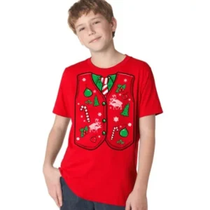 Crazy Dog TShirts - Youth Ugly Christmas Sweater Vest T Shirt Funny Xmas Shirt for Kids