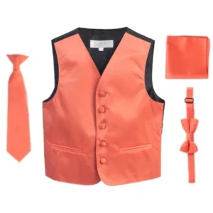 Coral Vest Necktie Bowtie Pocket Square Boys Set 8-14