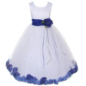 Kids Dream Girls White Satin Blue Petal Flower Girl Dress 7/8