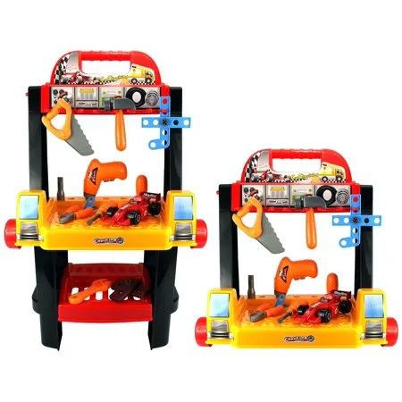Velocity Toys 2-in-1 Rolling Cart & Workbench Children's Kid's Pretend Play Toy Work Shop Tool Set w/ Tools, Accessories