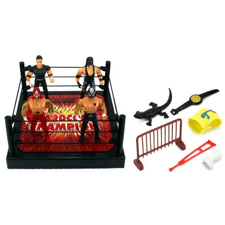 VT World Hardcore Champions Wrestling Toy Figure Play Set w/ Ring, 4 Toy Figures, Accessories