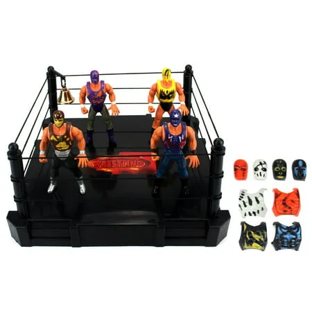VT Global International Wrestling Toy Figure Play Set w/ Ring, 4 Toy Figures, 8 Interchangeable Mask/Vest Combos