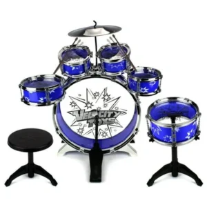 Velocity Toys' Toy Drum Set for Children 11 Piece Kid's Musical Instrument Drum Playset w/ 6 Drums, Cymbal, Chair, Kick Pedal, Drumsticks (Blue)