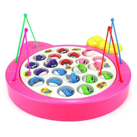 Fishing Diary Game for Children Battery Operated Rotating Novelty Toy Fishing Game Play Set w/ 21 Fishes, 4 Fishing Rods, Music (Pink)