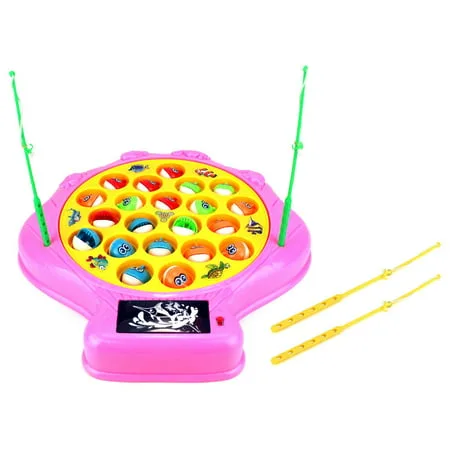 Deep Sea Shell Fishing Game for Children Battery Operated Rotating Novelty Toy Fishing Game Play Set w/ 21 Fishes, 4 Fishing Rods, Lights, Music (Pink)