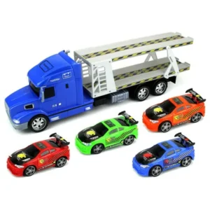 Tuner King Trailer Children's Friction Toy Transporter Truck Ready To Run 1:24 Scale w/ 4 Toy Cars (Colors May Vary)