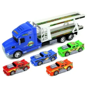 Animal World Car Trailer Children's Friction Toy Transporter Truck Ready To Run 1:24 Scale w/ 4 Toy Cars (Colors May Vary)