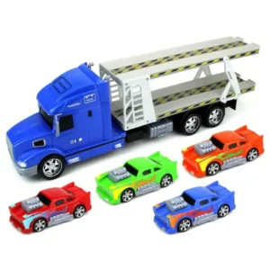 Flaming Car Trailer Children's Friction Toy Transporter Truck Ready To Run 1:24 Scale w/ 4 Toy Cars (Colors May Vary)