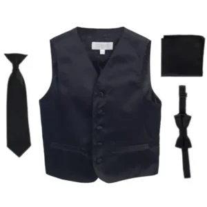 Black Vest Necktie Bowtie Pocket Square Boys Set 8-14