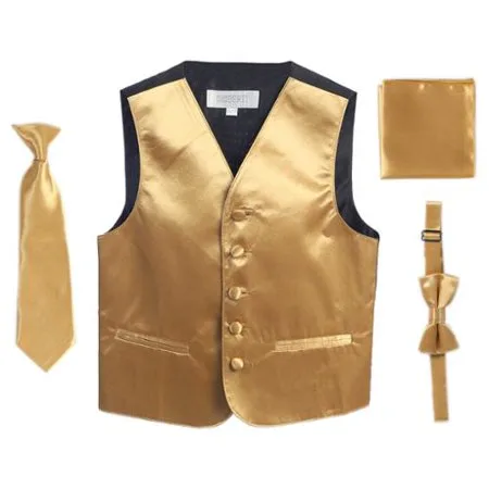 Gold Vest Necktie Bowtie Pocket Square Boys Set 8-14