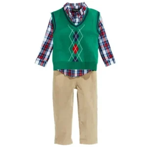 Only Kids Infant Boys 3 Piece Dress Up Outfit Pants Shirt Green Sweater Vest