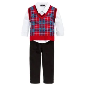 Only Kids Infant Boys 3 Piece Dress Up Outfit Pants Shirt & Red Sweater Vest