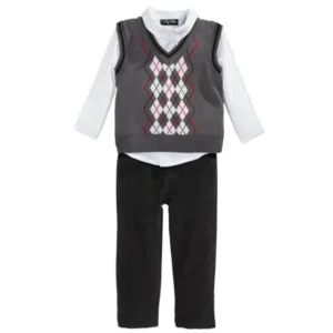 Only Kids Infant Boys 3 Piece Dress Up Outfit Pants Shirt Gray Sweater Vest