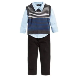 Only Kids Infant Boys 3 Piece Dress Up Outfit Pants Shirt & Striped Sweater Vest